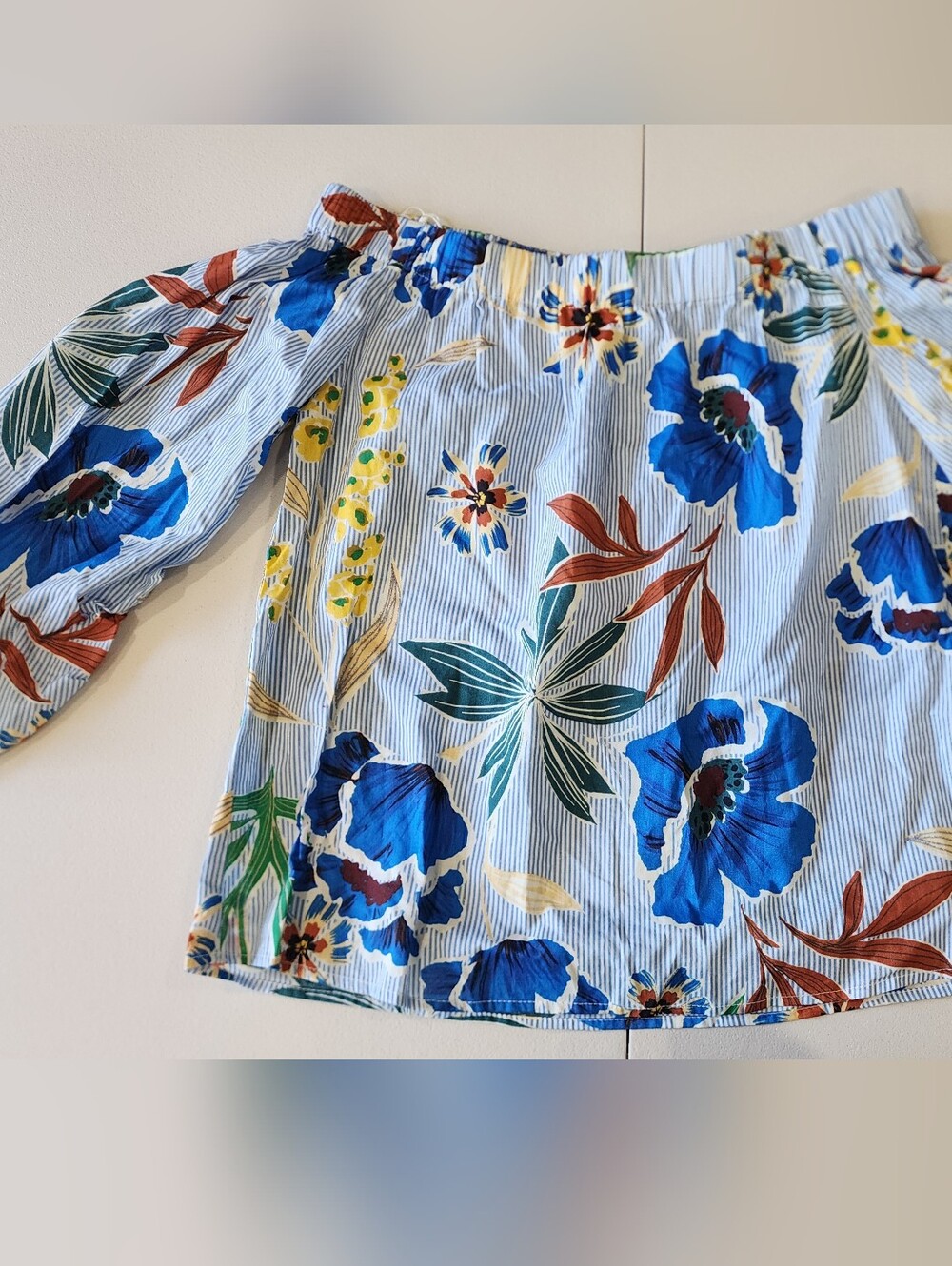 Zara Blue and Green Floral Off-Shoulder Blouse